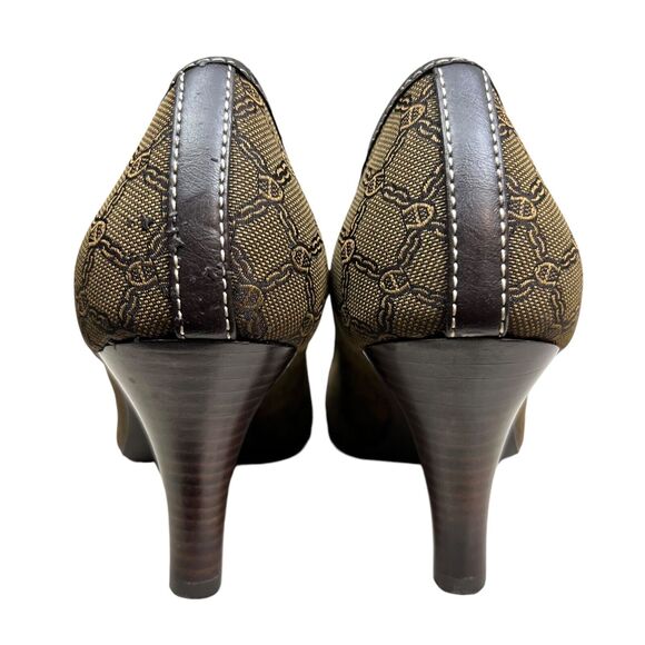 Etienne Aigner Womens‎ Pump Heel Cherie Peep Toe Horse Bit Brown Black Sz 7.5M - Picture 2 of 8